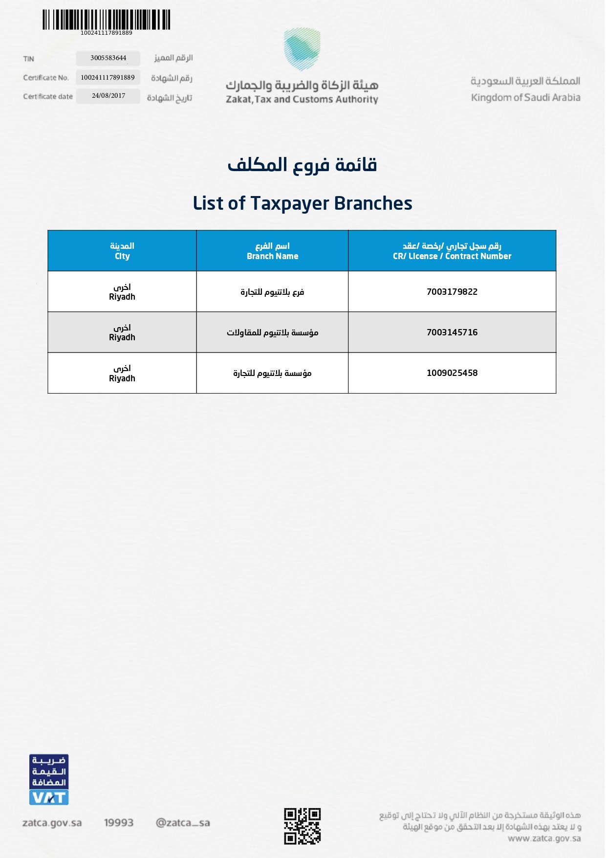 شهادة الضريبة لمؤسسة بلاتنيوم للحجر والرخام