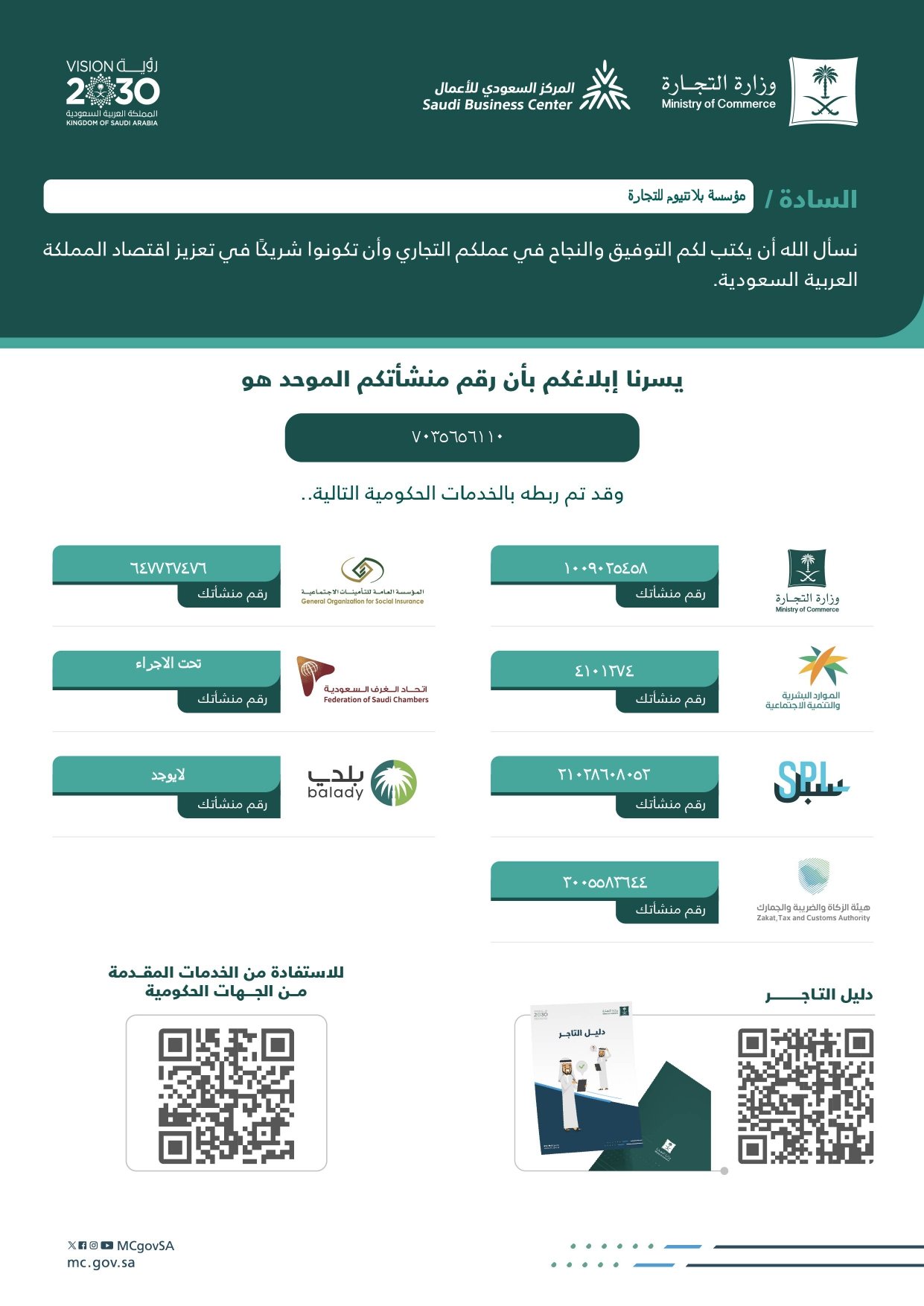 السجل التجاري لمؤسسة بلاتنيوم للحجر والرخام